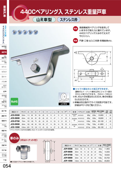 ヨコヅナ 440Cベアリング入 ステンレス重量戸車 JCS-1008 【100mm, 山R車型, ステンレス枠】