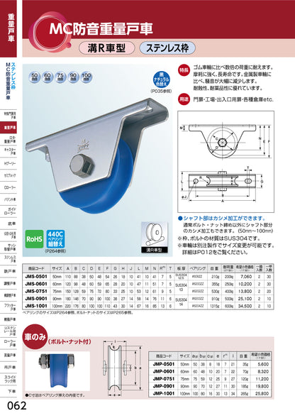 ヨコヅナ MC防音重量戸車 JMS-0501 【50mm, 溝R車型, ステンレス枠】