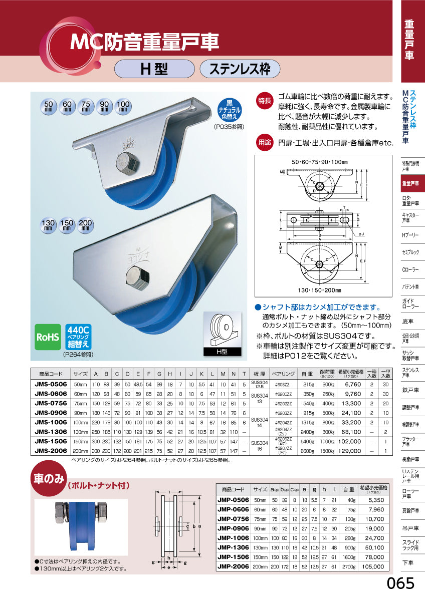 ヨコヅナ MC防音重量戸車 JMS-0906 【90mm, H型, ステンレス枠】