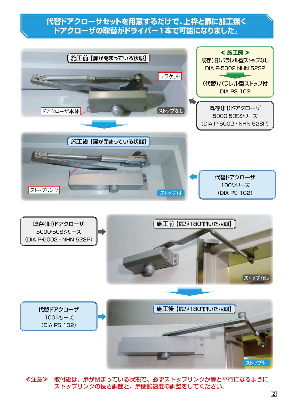 大鳥機工 代替ドアクローザー P102＋52SP用取替用置換板付き 【ストップ無し, パラレル型, NHN, DIA, Diamond, ダイヤモンド, OHTORI KIKO】