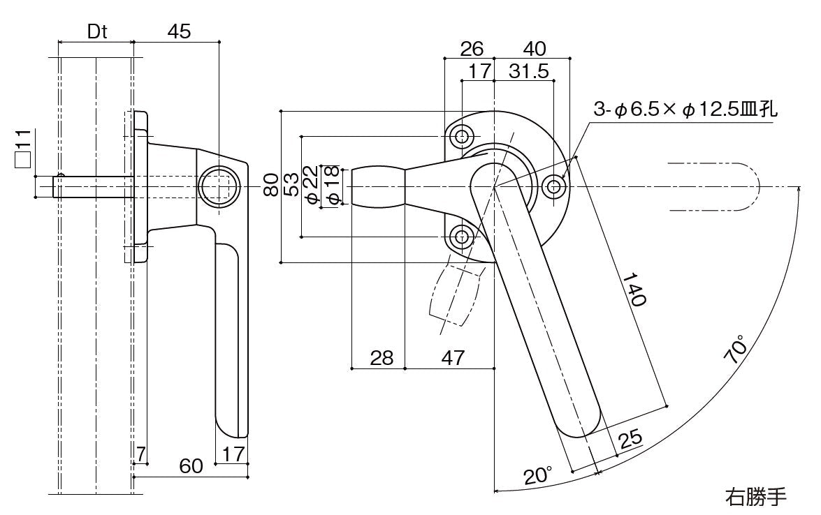 DC-X-193RO-DH｜ローラー付きグレモンハンドル 片面角軸固定｜中西産業