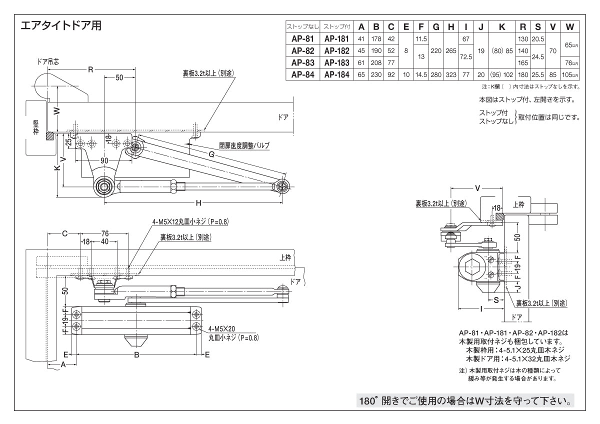 ニュースター ドアクローザー AP-182（エアタイトドア用） 【パラレル型, ストップ付き, 80シリーズ, NEWSTAR, ドアチェック】