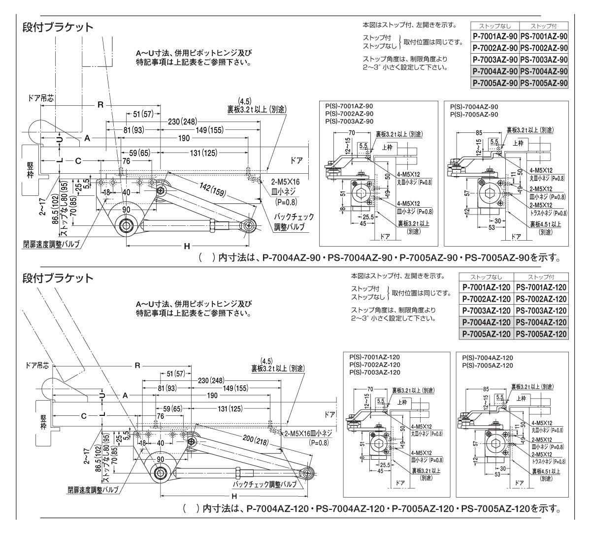 P-7002AZ-90/120（段付きブラケット）｜開き角度制限付きドア 